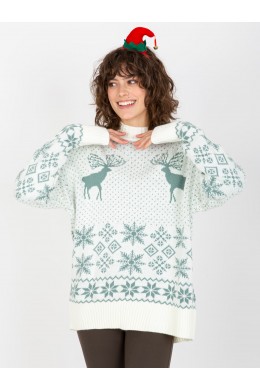 Kalėdinis oversize stiliaus megztinis moterims (Baltos ir mėtinės spalvų)